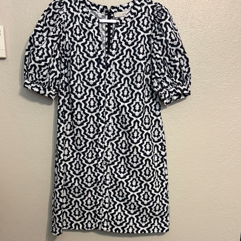 LOFT Black and White Geometric Long Sleeve Dress